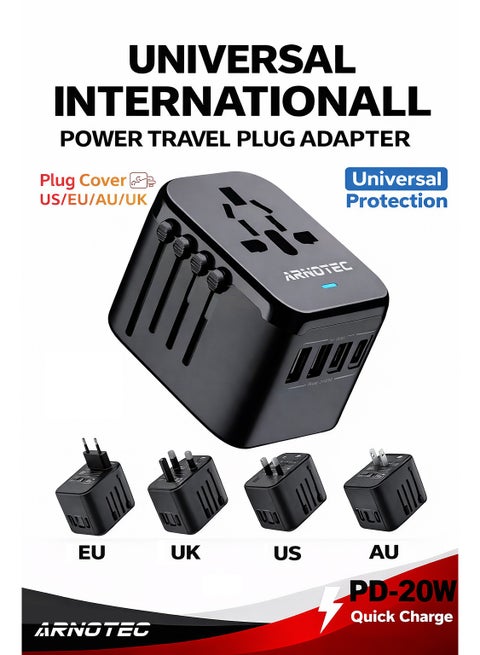 Universal International Power Travel Plug Adapter, 5 in 1 European Travel Plug Adapter W/ 3.5A 2xUSB-A and 2xUSB C Wall Charger and Worldwide AC Outlet for Europe USA UK AUS Asia Black
